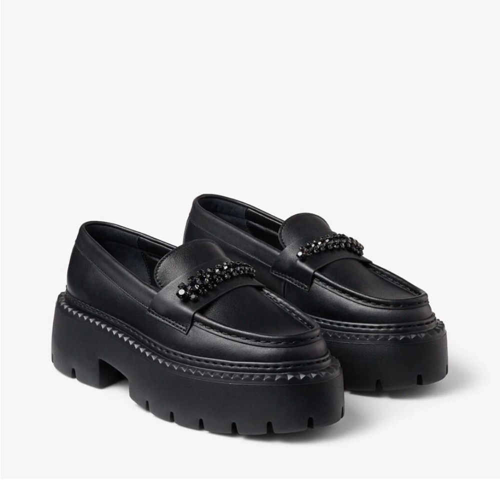 Bryer Loafer Flat: 
Black Box Calf Leather Loafers with Crystal Embellishment